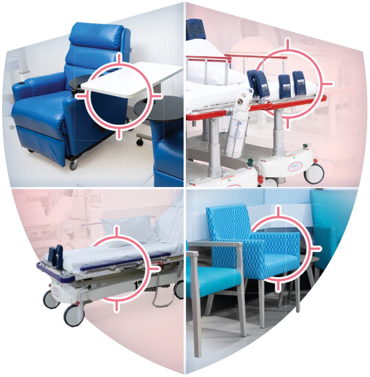 Shield-shaped graphic featuring a microscope, MRI machine, operating table, and waiting room chairs, each marked with a red target to highlight critical high-touch areas for infection control in healthcare settings.