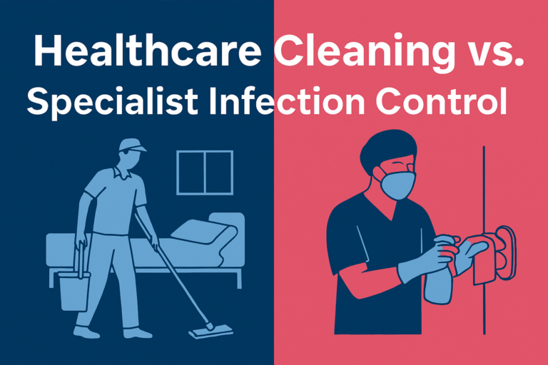 illustration comparing general healthcare cleaning with specialist infection control, featuring a cleaner mopping a hospital room on the left and a healthcare worker disinfecting a door handle on the right