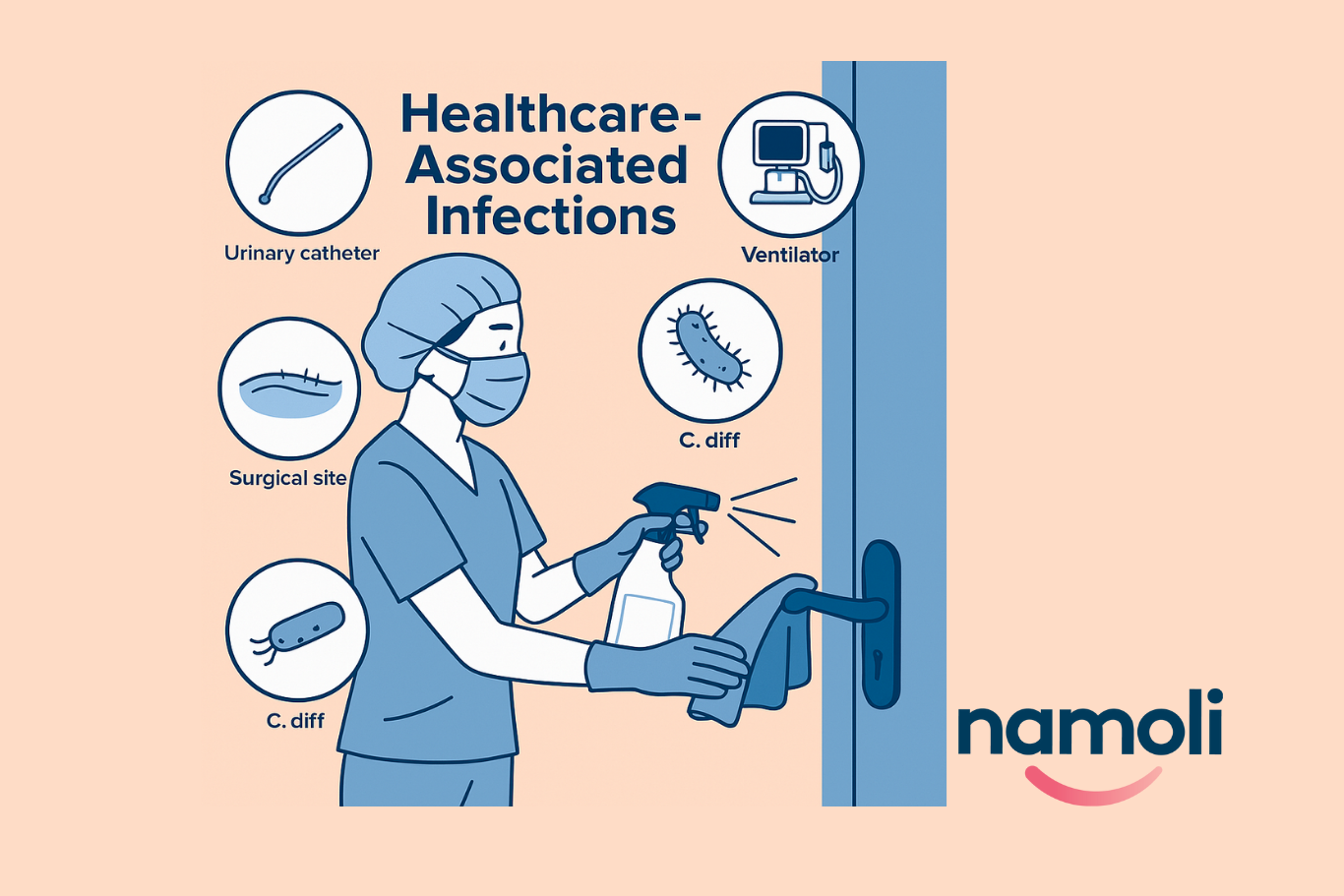 Illustration of a healthcare worker disinfecting a door handle, with insets showing examples of healthcare-associated infections such as catheter use, surgical site, ventilator, and C. diff.