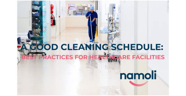 Healthcare cleaner mopping a hospital corridor with medical equipment nearby, illustrating the importance of routine and scheduled cleaning in clinical environments.