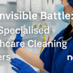 Healthcare worker in protective gear disinfecting a medical wall panel, with overlaid text reading “The Invisible Battle: Why Specialised Healthcare Cleaning Matters,” highlighting the importance of infection control in clinical environments.
